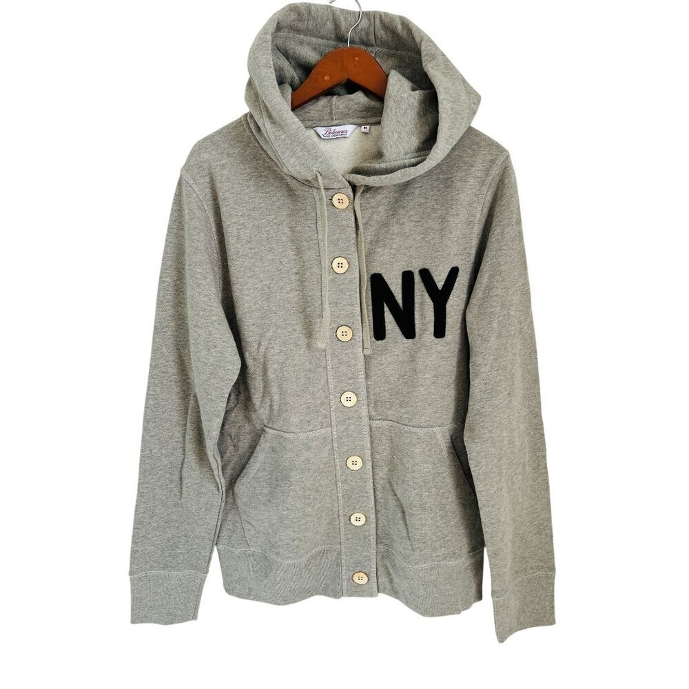 BOLIVARES Gray Button-Up Hoodie With "NY" Design Medium Size Cotton Blend